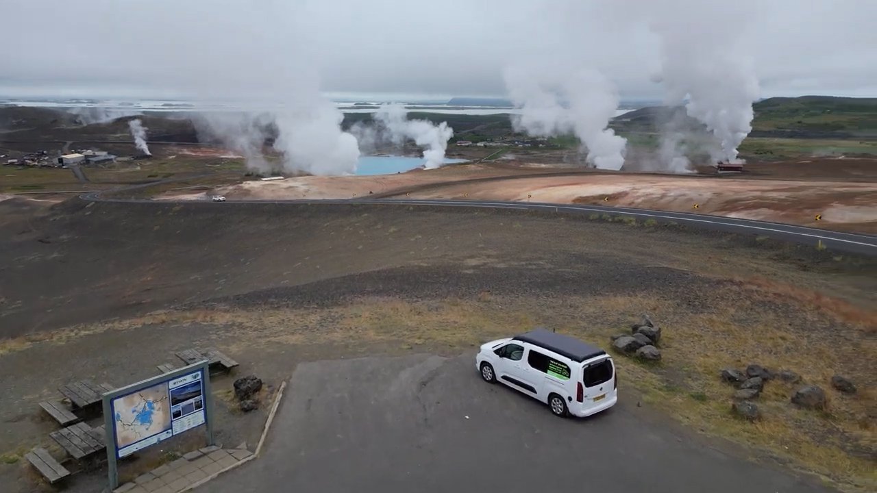 Aerial view of the Vikenze III-e XL on the open road in Iceland's dramatic landscape